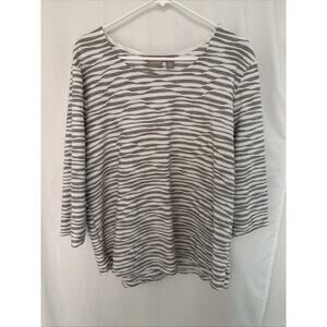 Chicos Top Womens Size 3 Striped Wave Textured 3/4 Sleeve Round Neck Gray/Taupe